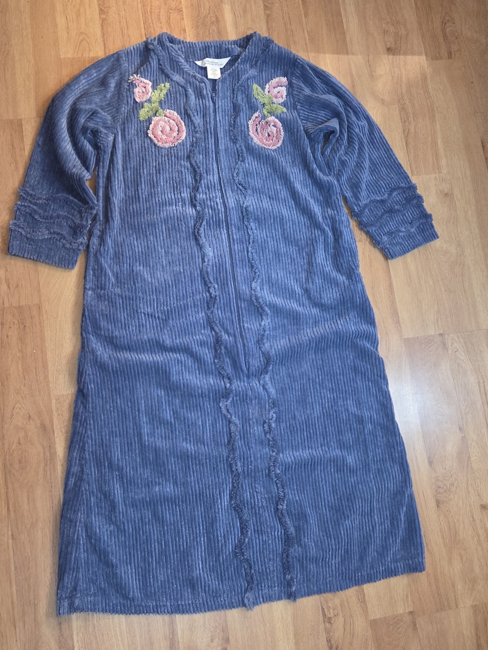Vermont Country Store Chenille Blossom Zip Front Robe Blue Cotton Floral L